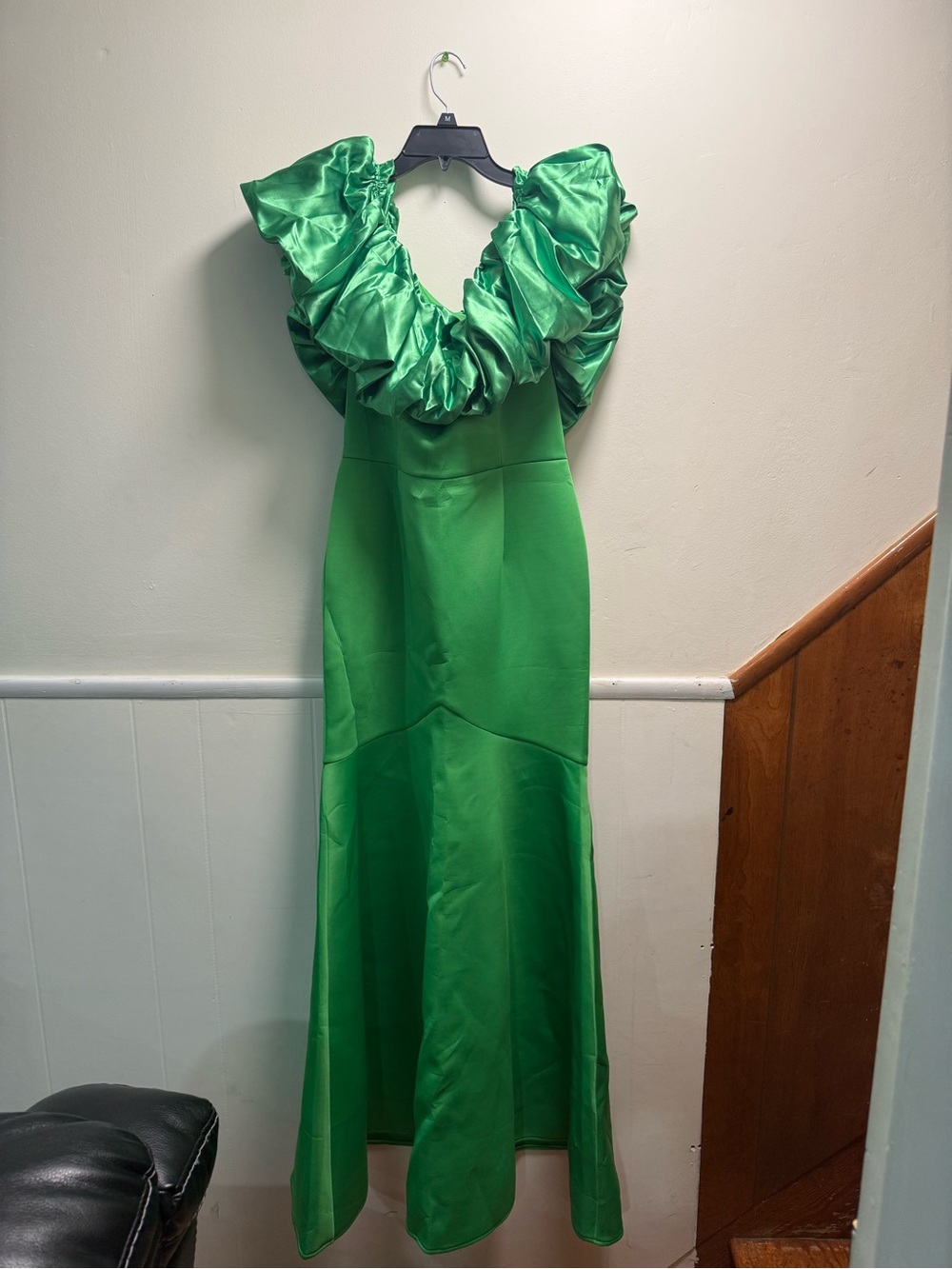 Green Ruffle-Shoulder Evening Dress